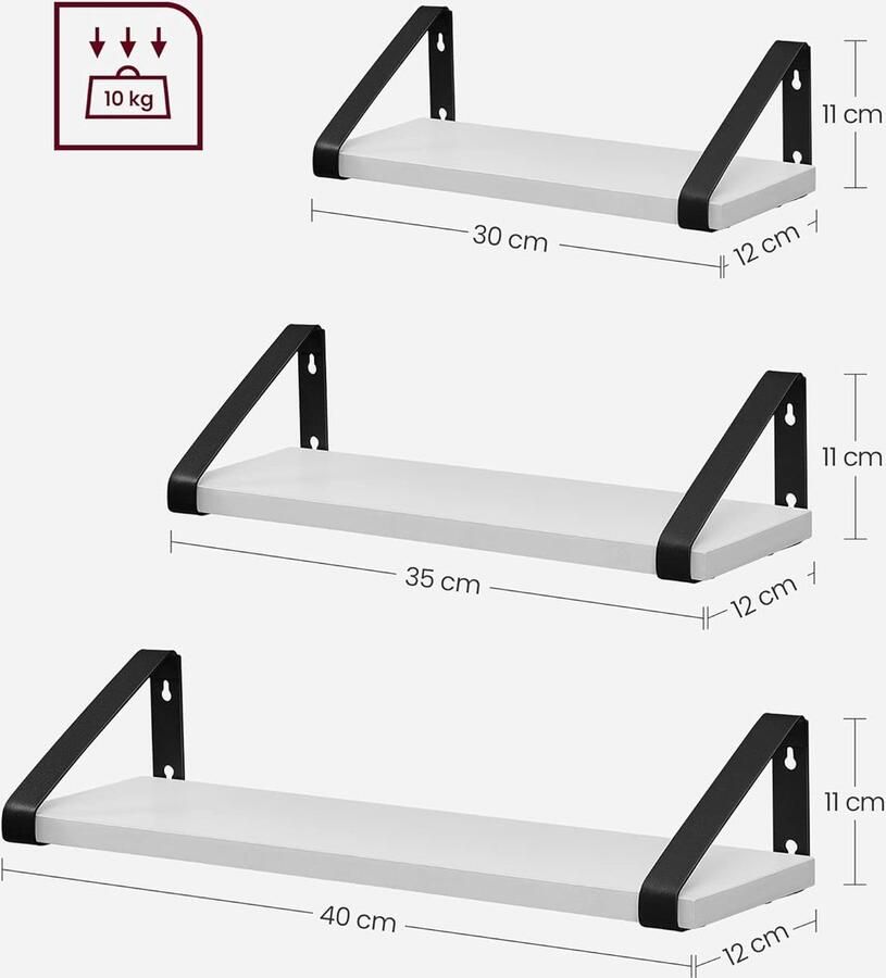 Wandplank set van 3 zwevende plank wandgemonteerd plank voor display industrieel ontwerp voor woonkamer badkamer keuken wit-zwart