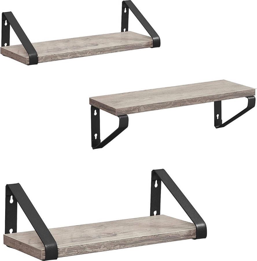 Wandplank set van 3 zwevende plank wandmontage plank voor display industrieel ontwerp voor woonkamer badkamer keuken grijs-zwart LWS033B02