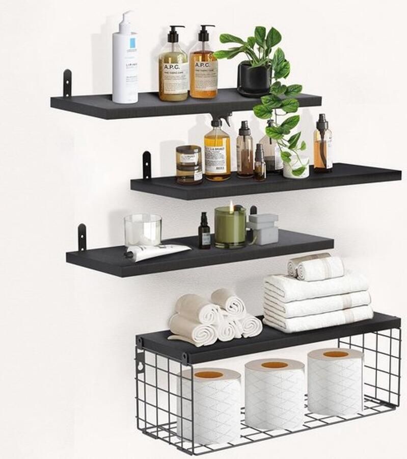Wandplank Set van 4 – Zwevende Houten Planken met Zwarte Metalen Mand – Industrieel Design – Voor Badkamer Slaapkamer Woonkamer Keuken & Wasruimte