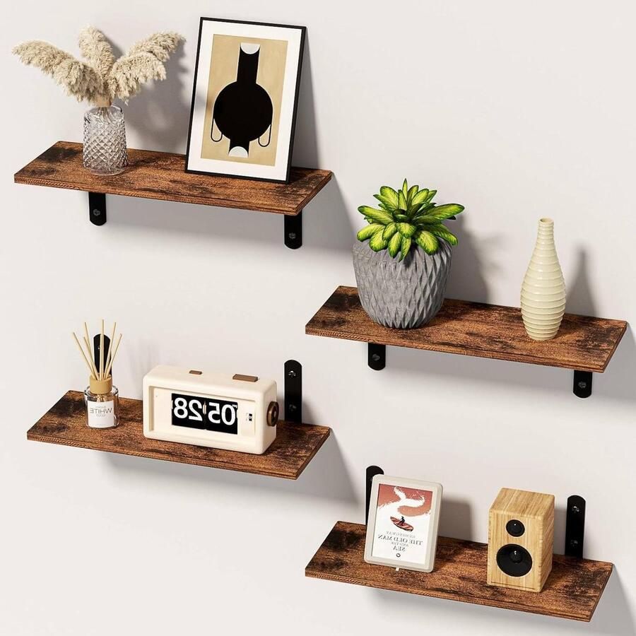 Set van 4 Zwevende Wandplanken voor een Stijlvol Interieur Geschikt voor Woonkamer Slaapkamer Badkamer en Keuken (Bruin en Zwart)