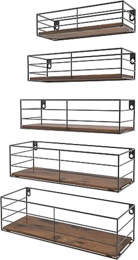 Wandplank Set van 5 Rustiek Houten en Zwart Metaal voor Keuken Badkamer Woonkamer en Kantoor