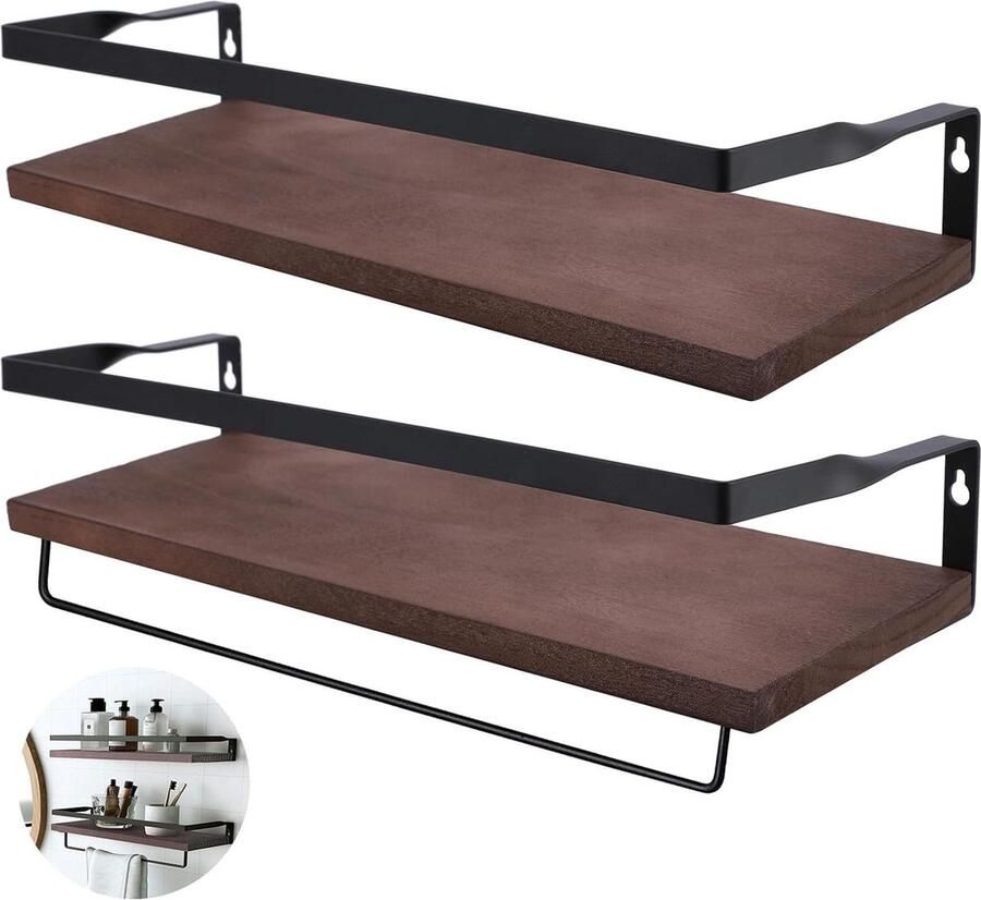 Wandplank Set Wandrek met Handdoekhouder 2 stuks Hout 40 cm