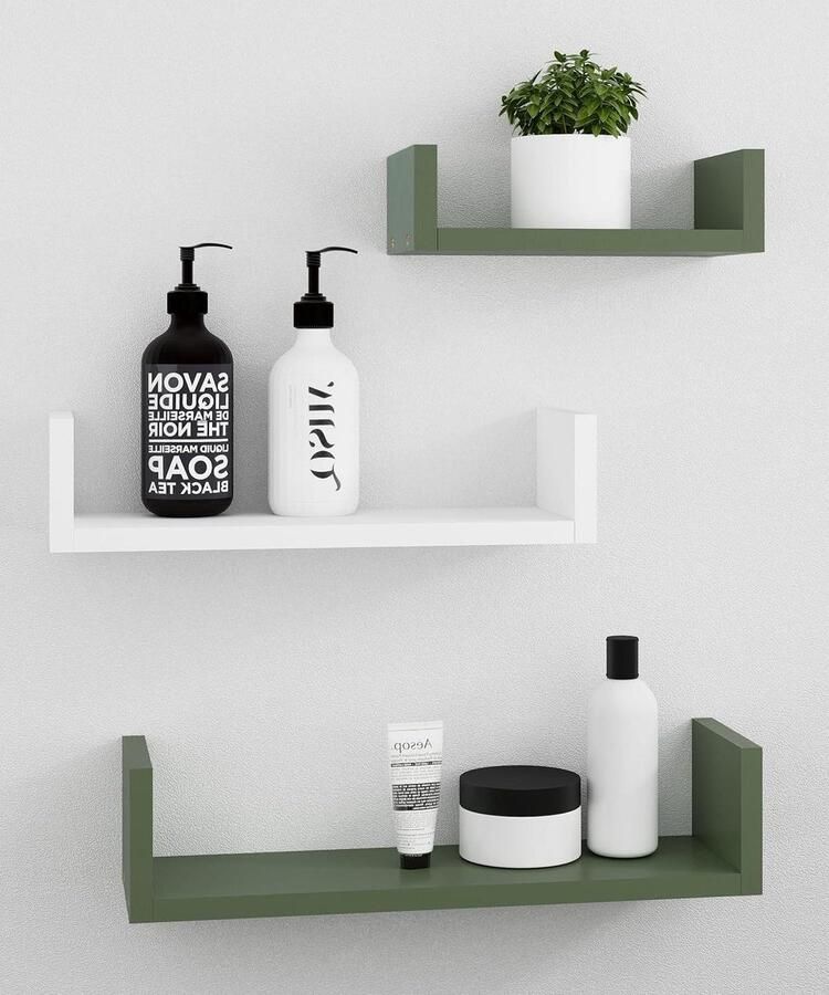 Afuly Wandplank U-vorm grijs-groen-wit 3-delige set met opbergplanken. bathroom shelf wood