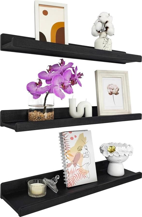 Wandplank van hout zwart 60 cm houten plank set van 3 hangende plank wandmontageplank moderne zwevende plank smalle fotorail voor badkamer woonkamer keuken slaapkamer