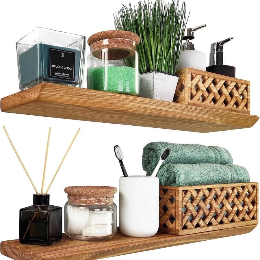 Wandplank van hout zwevend rek rustiek plankplank set van 2 wandplank houten plank muur hangrek voor woonkamer keuken kantoor badkamer natuurlijk 60 cm