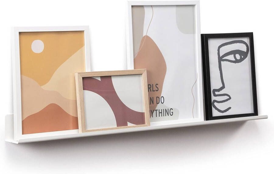 Wandplank voor foto's afbeeldingen en boeken. Modern en minimalistisch ontwerp. Gemaakt van metaal. 75x6cm. witte kleur