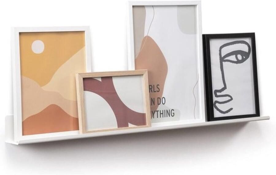 Wandplank voor foto's afbeeldingen en boeken. Modern en minimalistisch ontwerp. Gemaakt van metaal. 75x6cm. witte kleur
