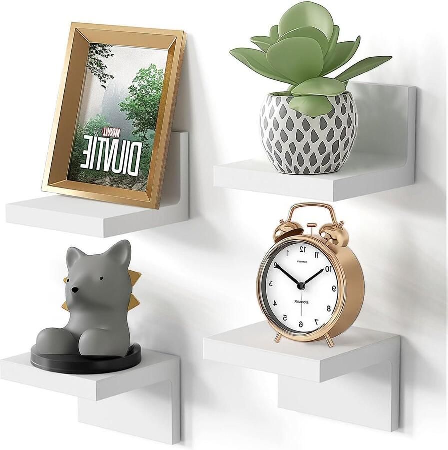 Wandplank voor woonkamerdecoratie Set van 4 zwevende mini planken in wit Voor fotoweergave en popfiguren Keuze uit twee installatiemethoden