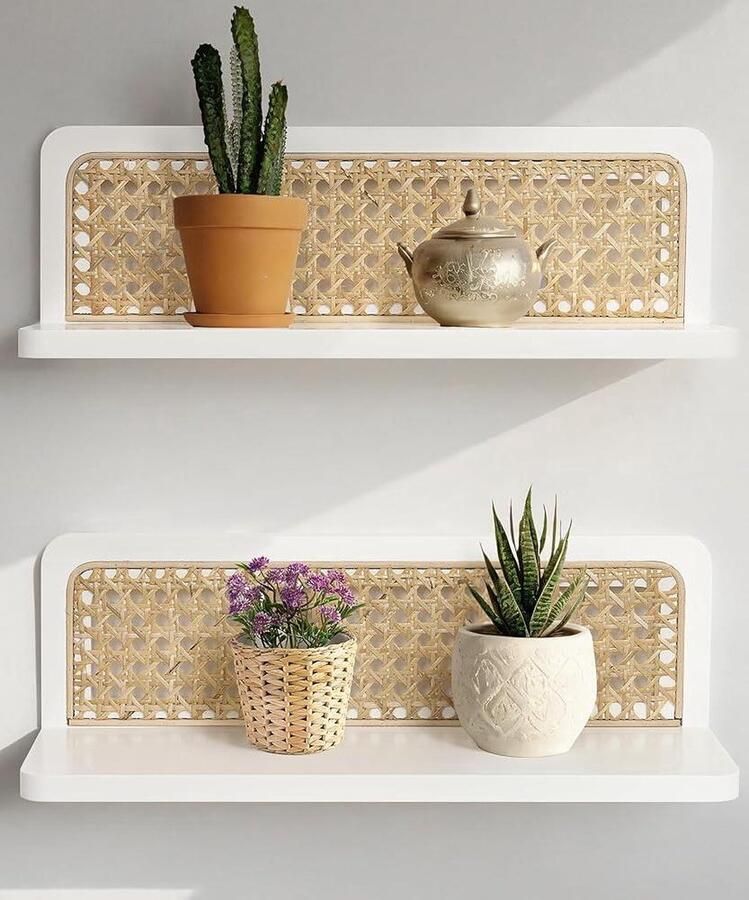 Wandplank Wit Boho Set Rattan Wandplanken 2 Stuks Wit Hout