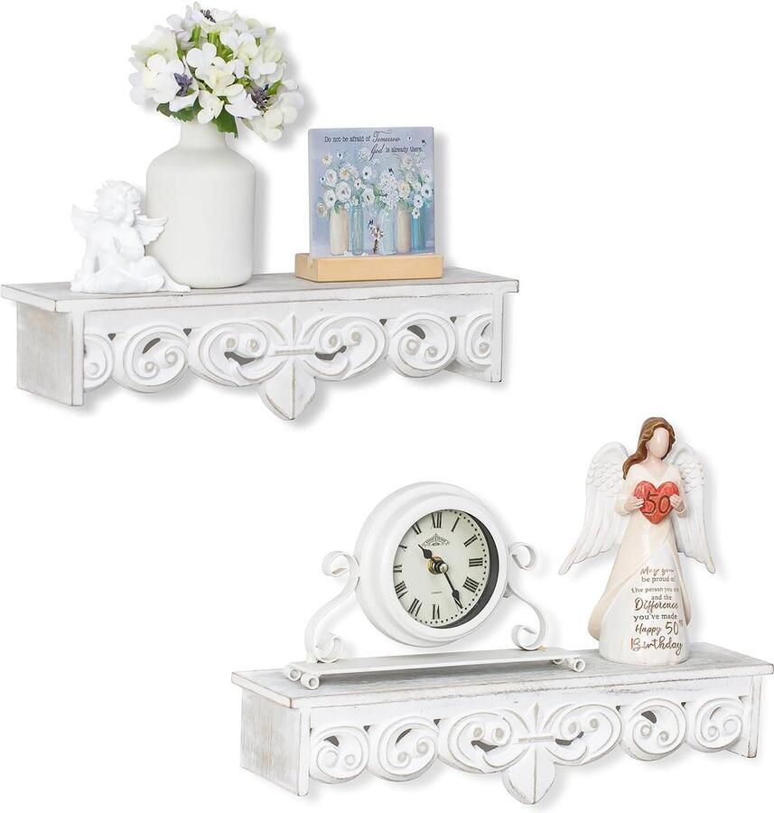 Wandplank Witte Houten Plank Muur Vintage Wanddecoratie Set van 2 Rustieke Hangende Plank Wandplank Esthetische Zwevende Plank Houten Planken Wandplank Voor Woonkamer Kamer Hal