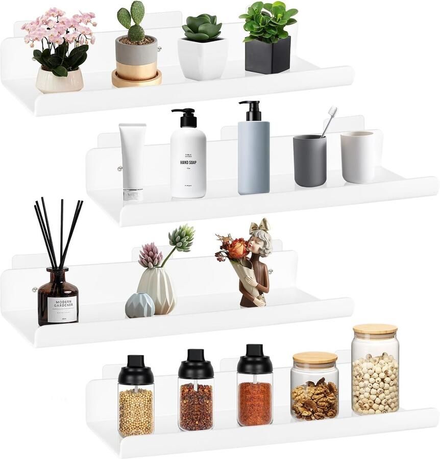 Wandplank zonder boren 4 Stukken Zwevende Plank 30 cm Witte Acryl Wandplank Witte Hechtrack voor Woonkamer Slaapkamer Badkamer en Keuken