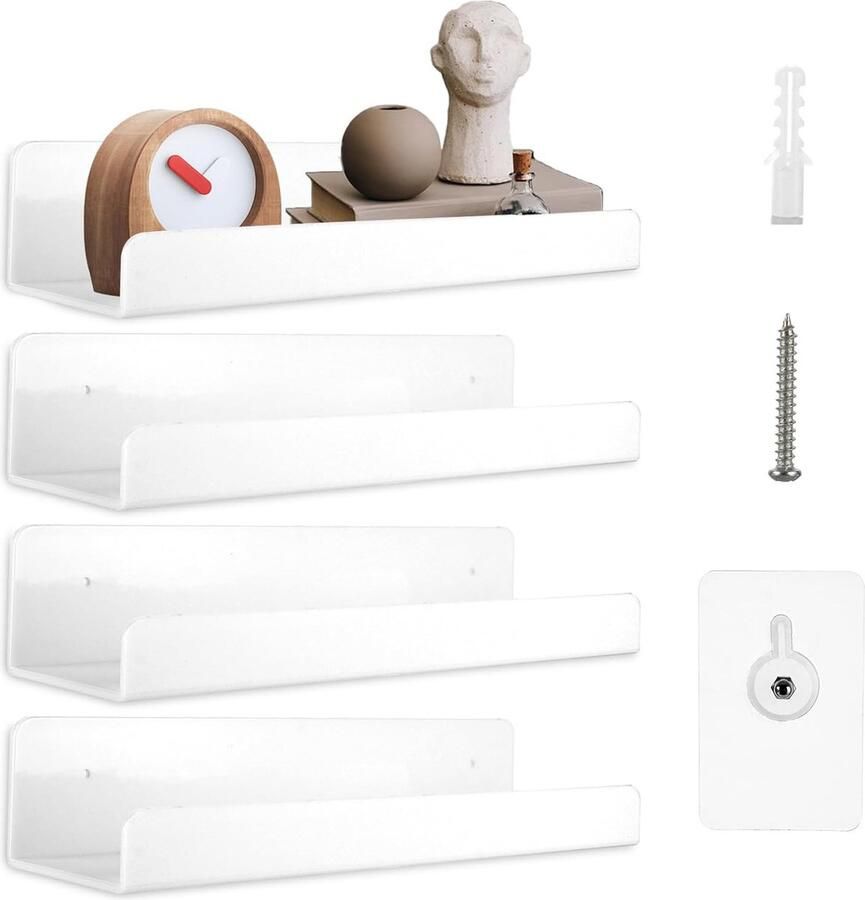 Wandplank zonder boren 4 stuks Wandplanken Wit 38 cm Schilderijrail Wit Zwevende Plank Wandplank voor Keuken Badkamer Kantoor Woonkamer