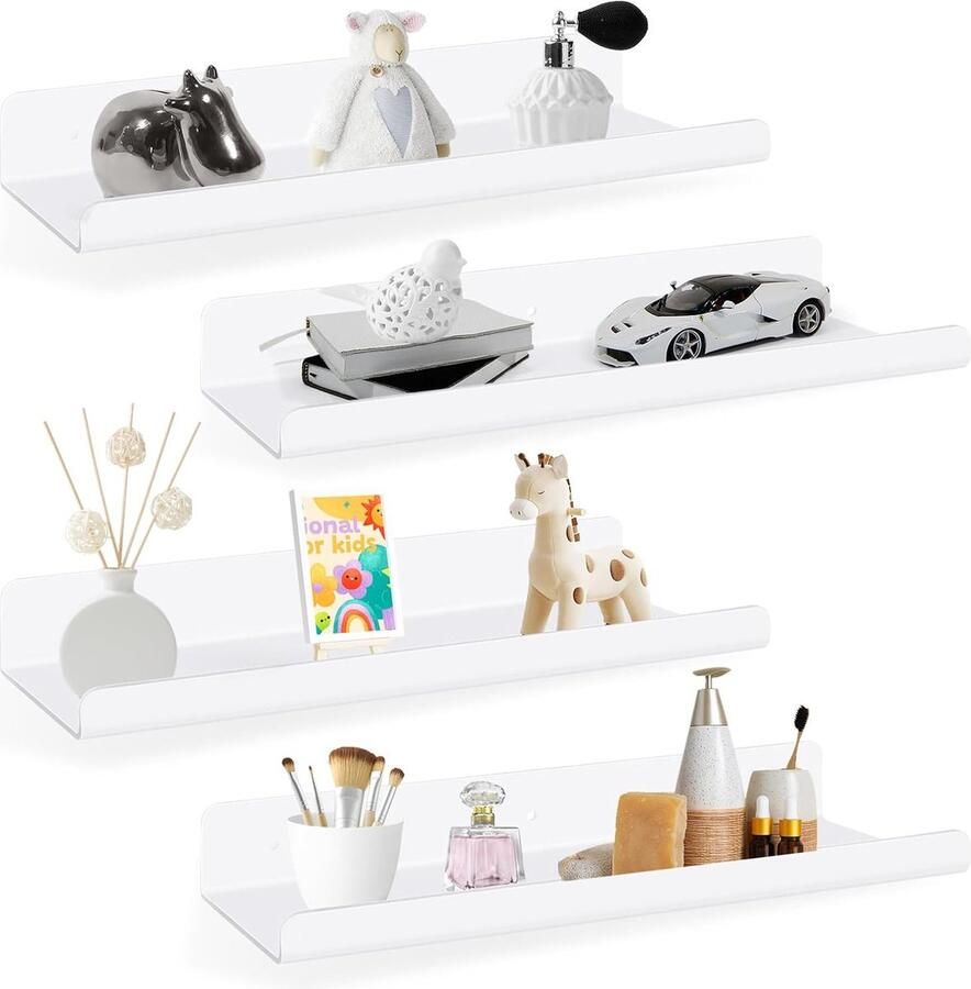 Wandplank zonder boren Wit 4 stuks 38 cm Plank Muur Acryl Zwevende Plank Wit Badkamerplank Zelfklevende Plank Fotorail Boekenkast Muur voor keuken badkamer kantoor wonen