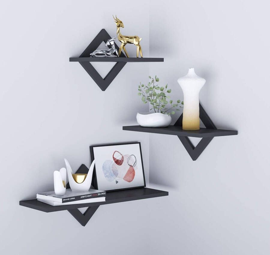 Wandplank zwart set van 3 zwevend rek van hout stabiel hangrek wandplank ideaal voor woonkamer slaapkamer hal keuken plank tot 9 kg belastbaar lengte 27 34 42 cm