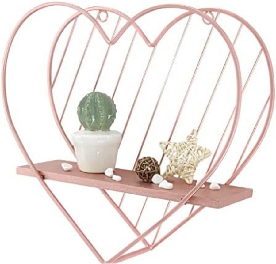 Wandplank Zwevend – 32 x 31 2 x 4 cm – Rose goud – Hout & Smeedijzer – Hartvormig Design – Voor Badkamer Slaapkamer of Keuken – Moderne Stijl