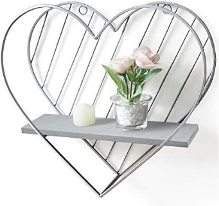 Wandplank Zwevend – 32 x 31 2 x 4 cm – Zilvergrijs – Hout & Smeedijzer – Hartvormig Design – Voor Badkamer Slaapkamer of Keuken – Moderne Stijl