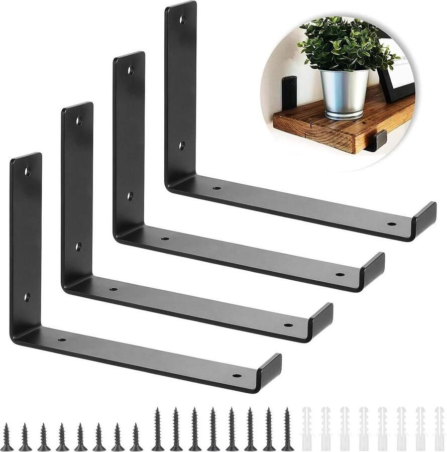4 stuks zwarte zware industriële zwevende plankbeugel L-vorm haakse hoekbeugel voor wandgemonteerde plank Booramy 55 x 10 inch