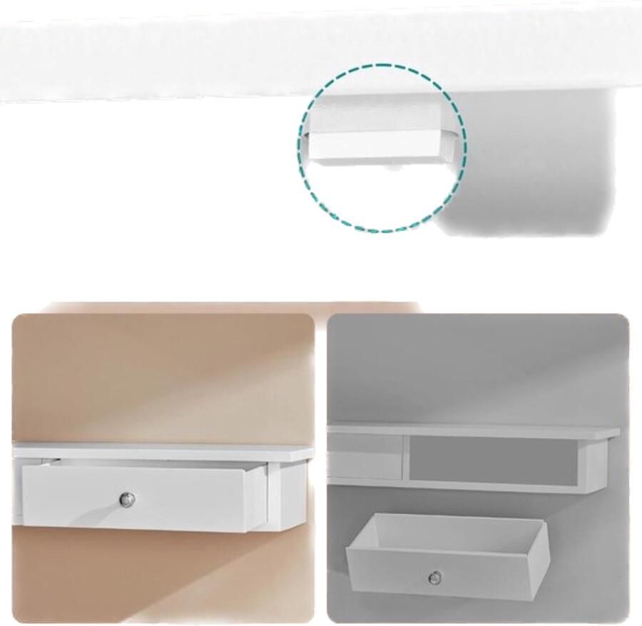 Wandplank zwevend rek met 2 laden glanzende afwerking 15 kg draagvermogen 65x15x10 cm gang woonkamer keuken wit hout Wandplanken & -rekken