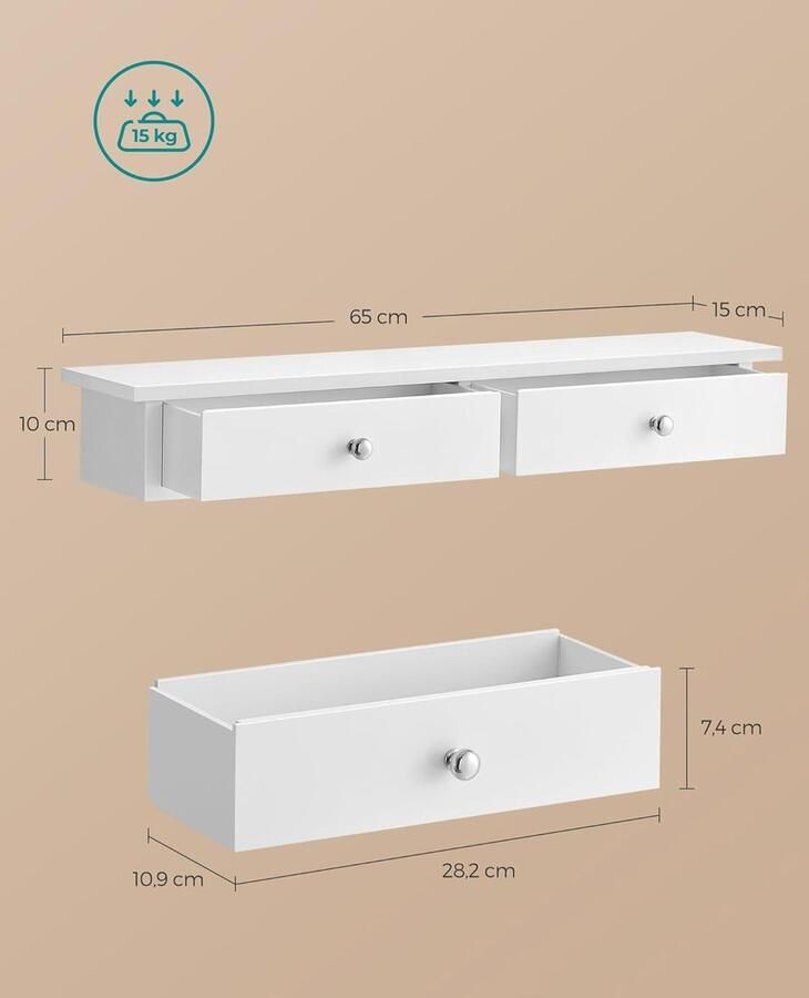 Wandplank zwevend rek met 2 laden glanzende afwerking 15 kg draagvermogen 65x15x10 cm gang woonkamer keuken wit hout Wandplanken & -rekken