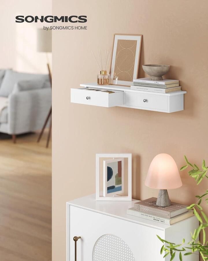 Wandplank zwevend rek met 2 laden glanzende afwerking tot 15 kg 65 x 15 x 10 cm wit gang woonkamer keuken