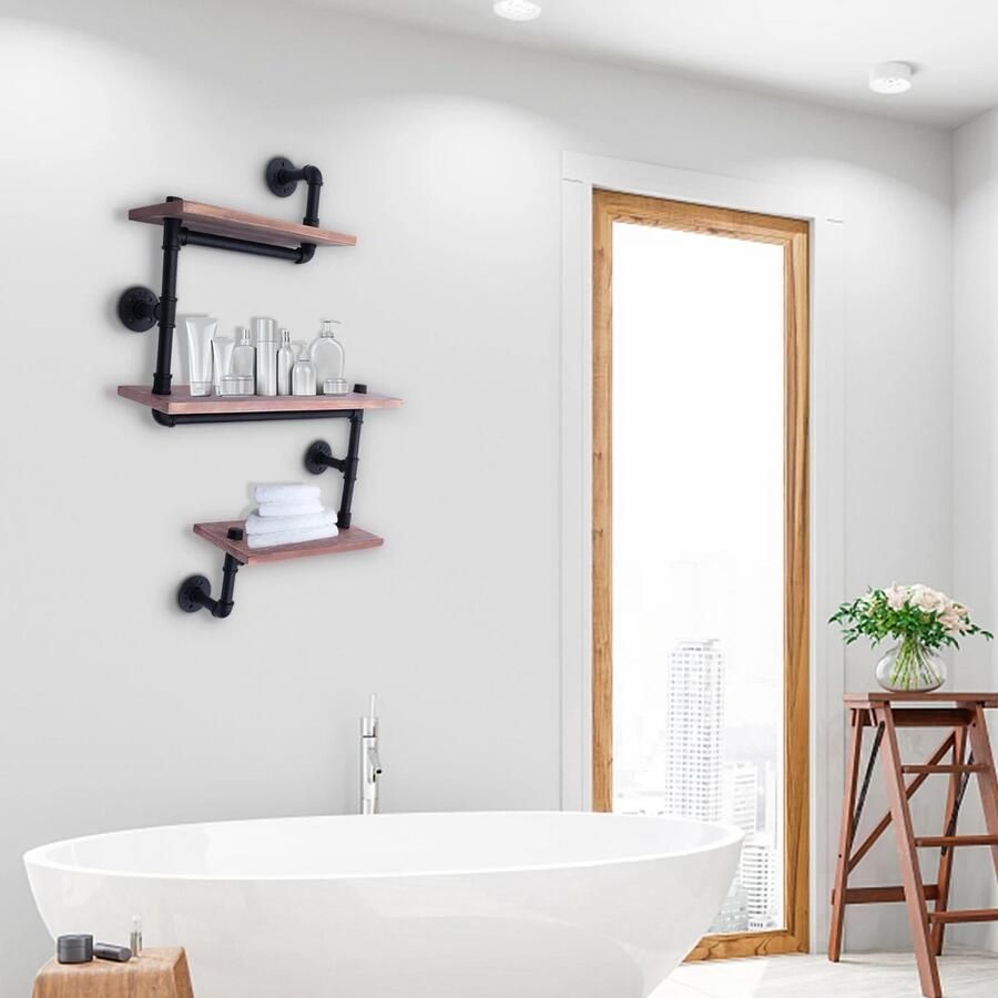 Wandplank zwevend Wandrek 3 tiers Vintage Industriële Muur Plank Hout Industriële Pijp Planken