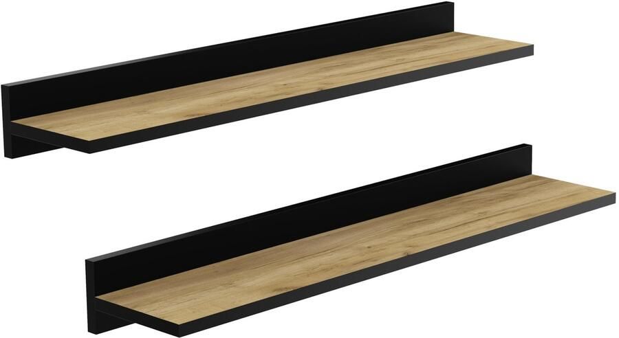 Wandplank zwevende plank (2 stuks) stabiele wandplanken 80 cm hangende planken met onzichtbare beugels voor badkamer slaapkamer keuken kantoor woonkamer eiken met zwarte wandlijst zwarte afwerking