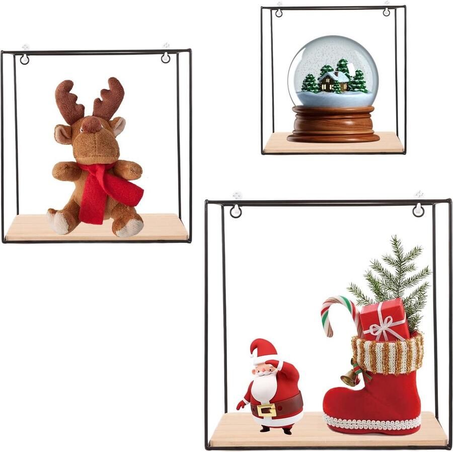 Wandplanken decoratie 3 stuks zwart metaal en hout vierkant