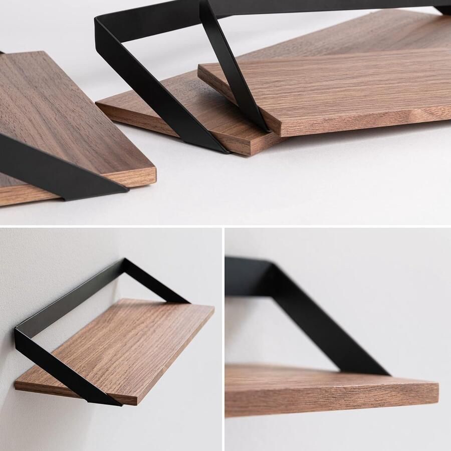 Wandplanken -Finn- Set van 3 Zwevende Planken Gemaakt van Metaal en Echt Houtfineer Wanddecoratie Opslag en Plank voor Woonkamer Keuken Slaapkamer Walnoot