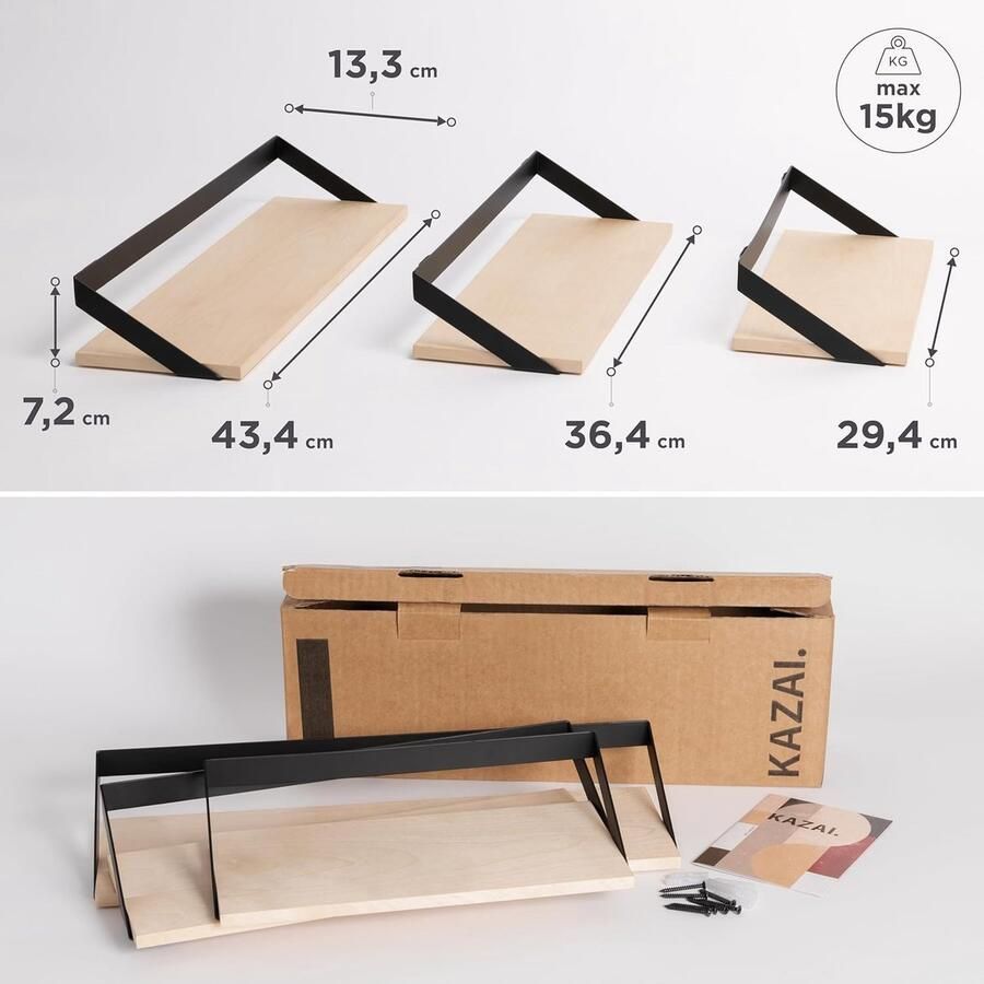 Wandplanken -Finn- Set van 3 Zwevende Planken Gemaakt van Metaal en Echt Houtfineer Wanddecoratie Opslag en Plank voor Woonkamer Keuken Slaapkamer Berk