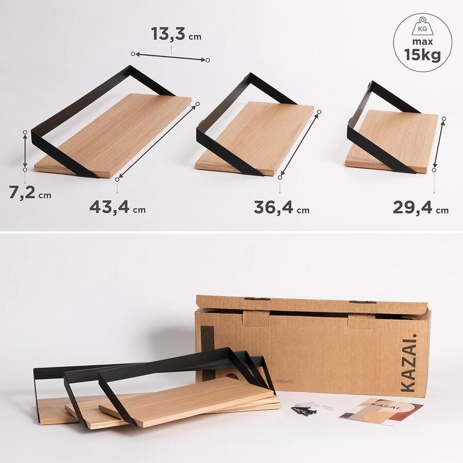 Wandplanken -Finn- Set van 3 Zwevende Planken Gemaakt van Metaal en Echt Houtfineer Wanddecoratie Opslag en Plank voor Woonkamer Keuken Slaapkamer Eiken