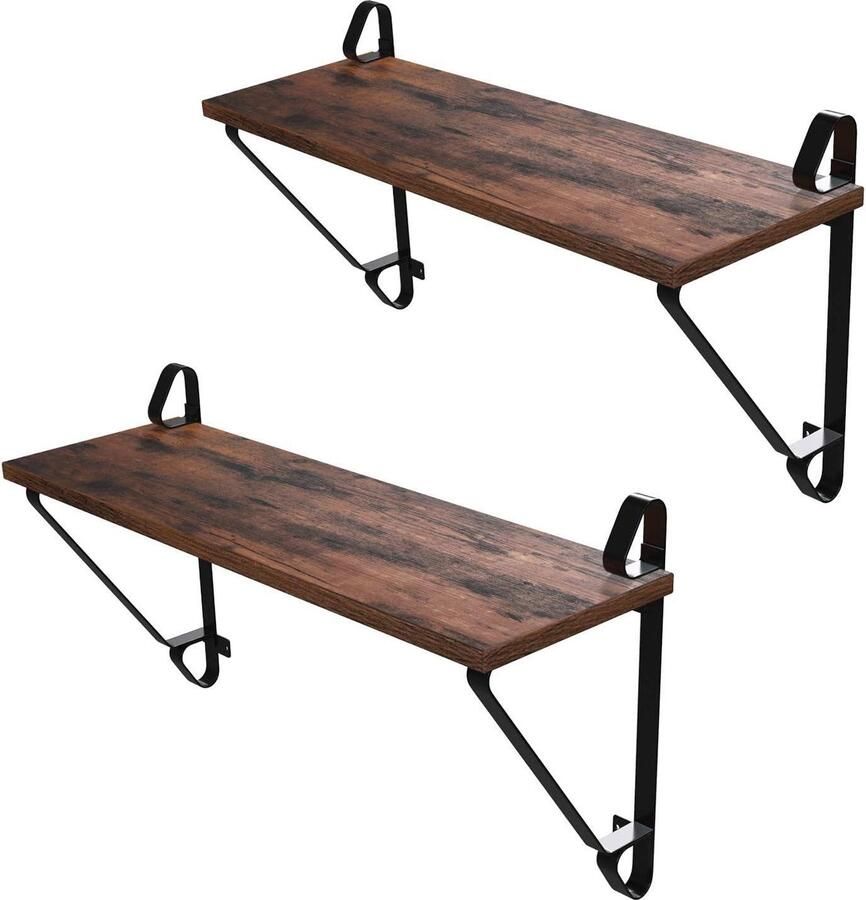 Wandplanken grote zwevende planken geschikt voor woonkamer en slaapkamer set van 2 rustiek bruin en zwart 60 x 20 x 33 cm