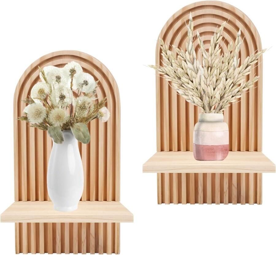 Wandplanken hout boho wanddecoratie voor kinderkamer en plantenrek set van 2 (natuur)