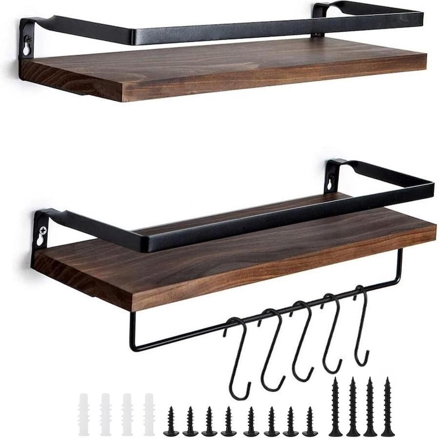 Wandplanken hout metaal 40 cm Set van 2 wandrekken voor keuken Handdoekhouder en 5 haken Zwevende plank voor badkamer woonkamer kantoor