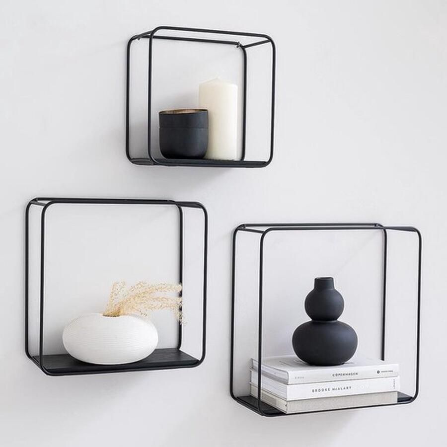 Wandplanken -Jona- 3-Delige Plankenunit Gemaakt van Metaal en Echt Houtfineer Wanddecoratie Opslag en Boekenplank voor Badkamer Woonkamer Keuken Slaapkamer en Meer Eiken zwart