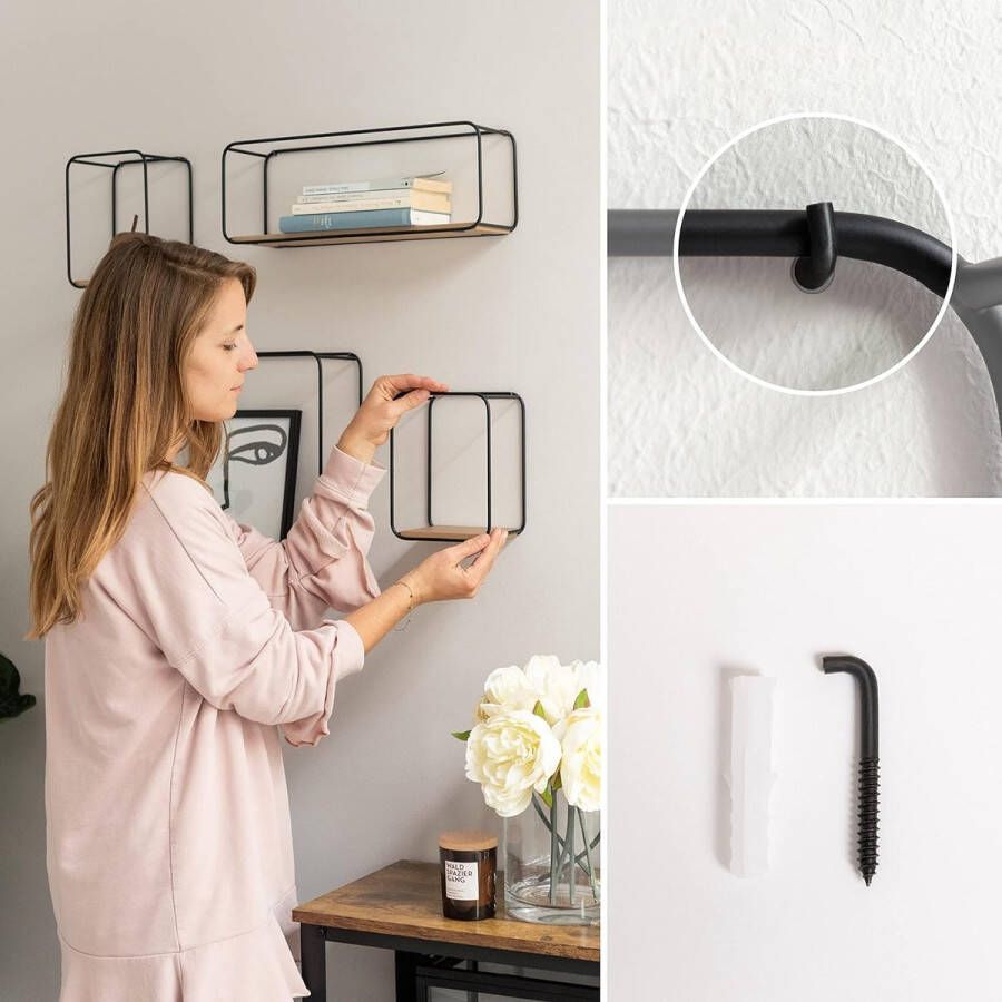 Wandplanken -Jona- 4-Delige Plankenunit Gemaakt van Metaal en Echt Houtfineer Wanddecoratie Opslag en Boekenplank voor Badkamer Woonkamer Keuken Slaapkamer en Meer Eiken