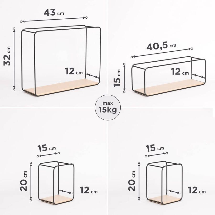 Wandplanken -Jona- 4-Delige Plankenunit Gemaakt van Metaal en Echt Houtfineer Wanddecoratie Opslag en Boekenplank voor Badkamer Woonkamer Keuken Slaapkamer en Meer Berk