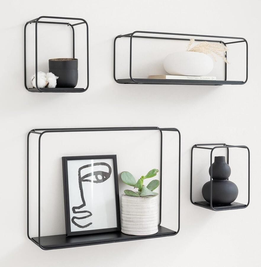 Wandplanken -Jona- 4-Delige Plankenunit Gemaakt van Metaal en Echt Houtfineer Wanddecoratie Opslag en Boekenplank voor Badkamer Woonkamer Keuken Slaapkamer en Meer Eiken zwart - Foto 2