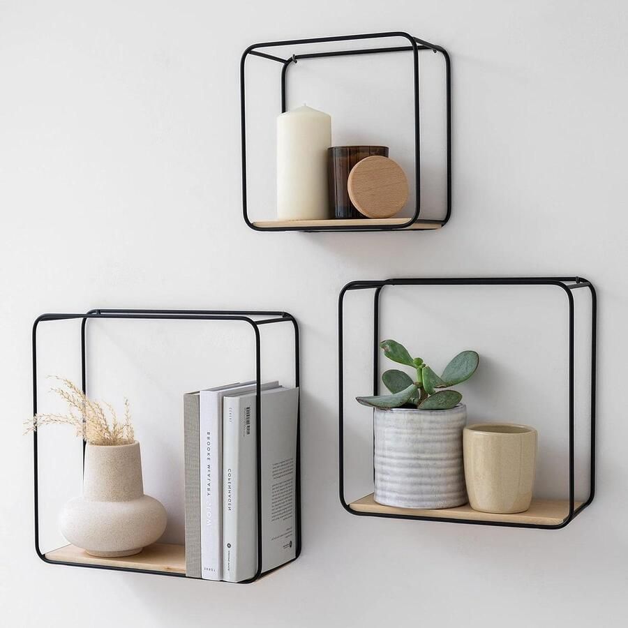 Wandplanken -Jona- van KAZAI met Metaal en Echt Houtfineer Moderne Wanddecoratie en Opslagplank voor Badkamer Woonkamer Keuken Slaapkamer Berk