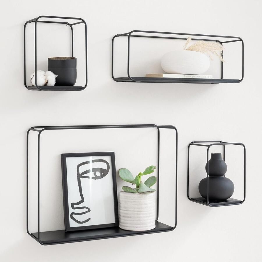 Wandplanken Jona Wanddecoratie en Opslag 4 Stuks Eiken met Zwart