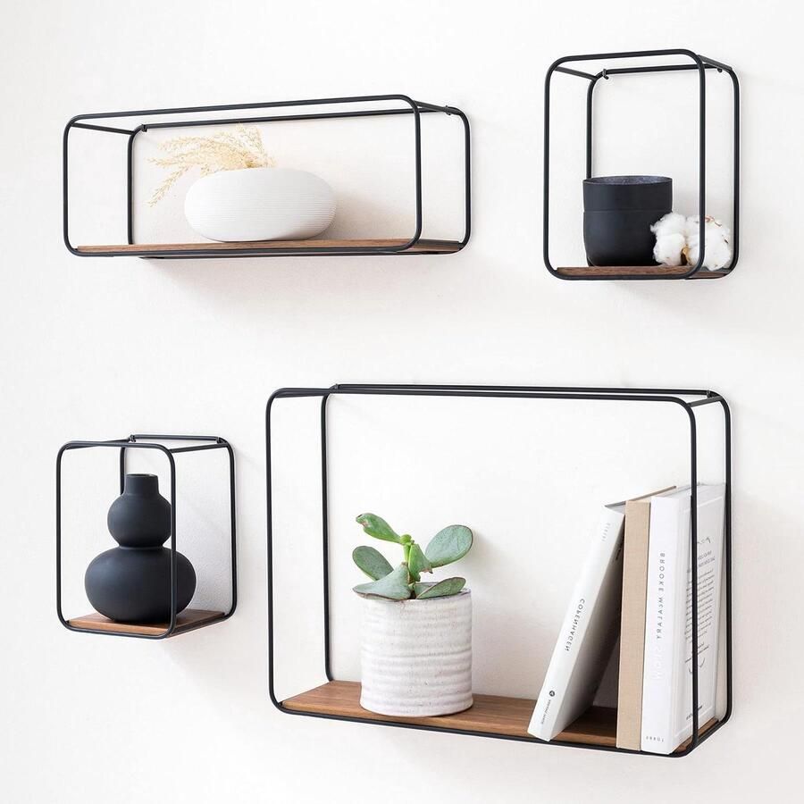 Wandplanken Jona Wanddecoratie en Opslag 4 stuks Walnoot Metaal en Houtfineer