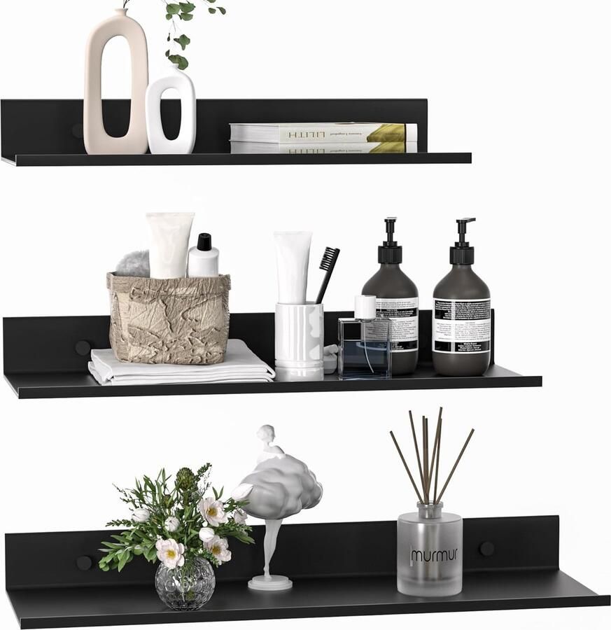 Wandplanken Metaal Set van 3 Zwevende Planken Zwart Zonder Boren Badkamer Plank Douche Plank Waterdicht Moderne Wandplank voor Decoratie Plank voor Woonkamer Keuken Studeerkamer