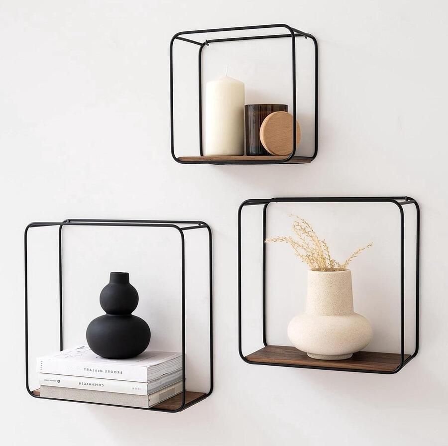 KAZAI Wandplanken Wanddecoratie met Opbergfunctionaliteit 3 Delige Set Walnoot Metaal en Houtfineer