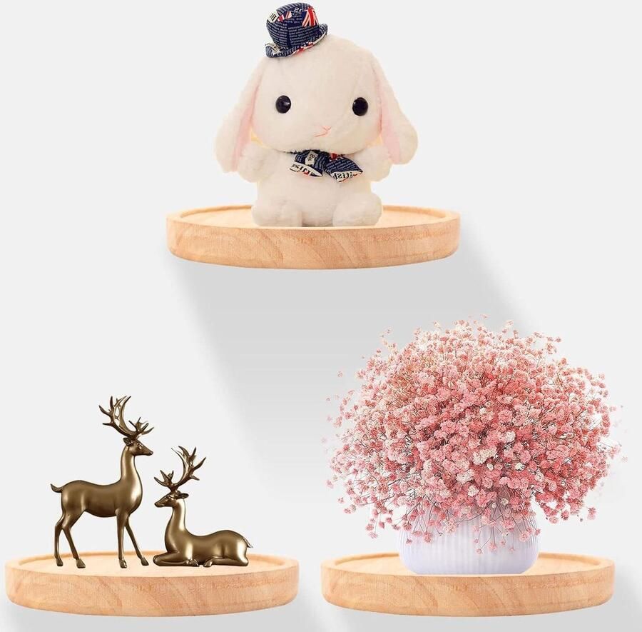 Wandplanken rond zwevend hout decoratie houten plaat voor foto's planten kaars tentoonstelling modern design Ø 15 cm maximale belasting 18 kg Set van 3stuks