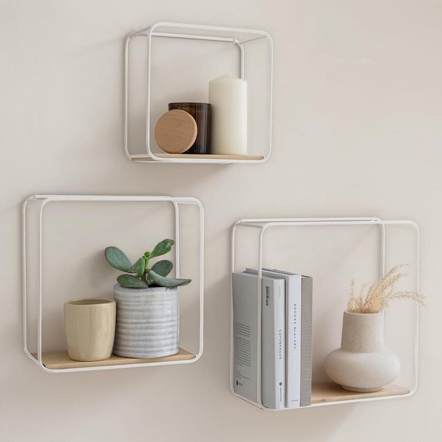 Wandplanken Set 3-delige Plankenunit van Metaal en Houtfineer voor Wanddecoratie en Opslag