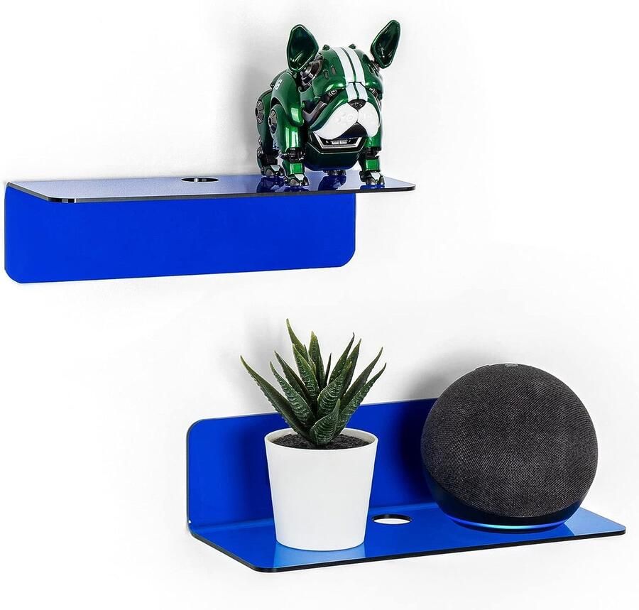 Wandplanken set van 2 schadevrij uitbreiden wandruimte kleine wandplank voor slimme luidspreker actiefiguren monitor met kabelclips stick on geen boor (blauw)