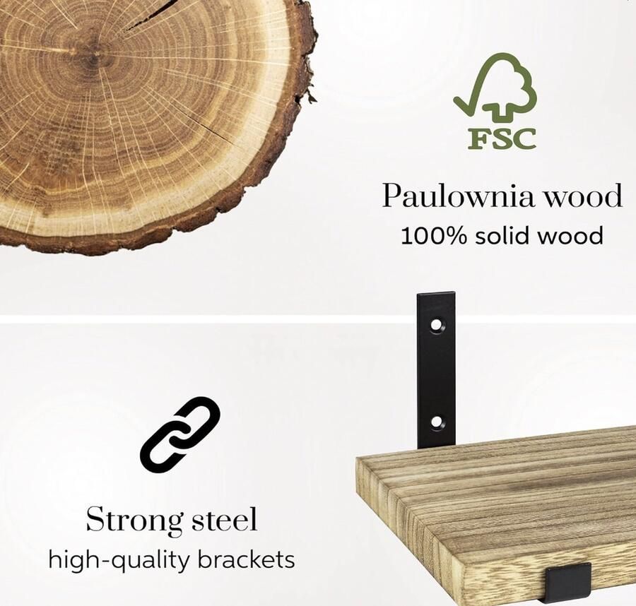 Wandplanken Set Van 3 Houten Zwevende Wandplanken Met Plankendragers 42 36 en 30 CM 15 CM Hout Lichtbruin