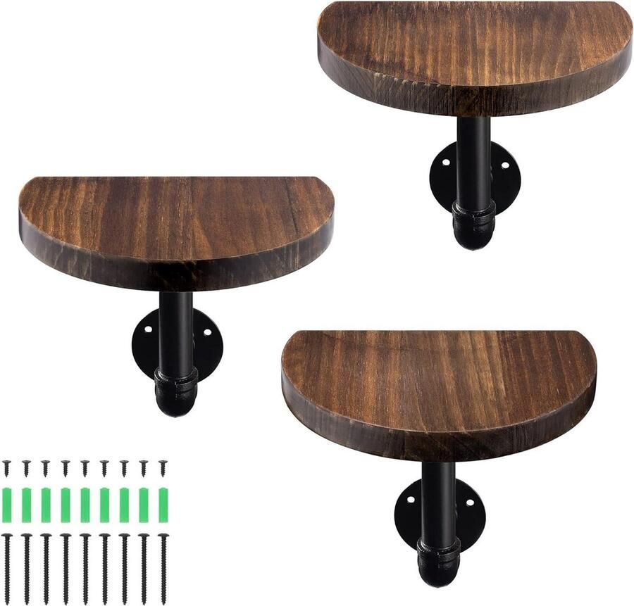 Wandplanken set van 3 Ronde houten planken met industriële metalen pijp Wandplanken om op te hangen 20 x 15 x 2 cm