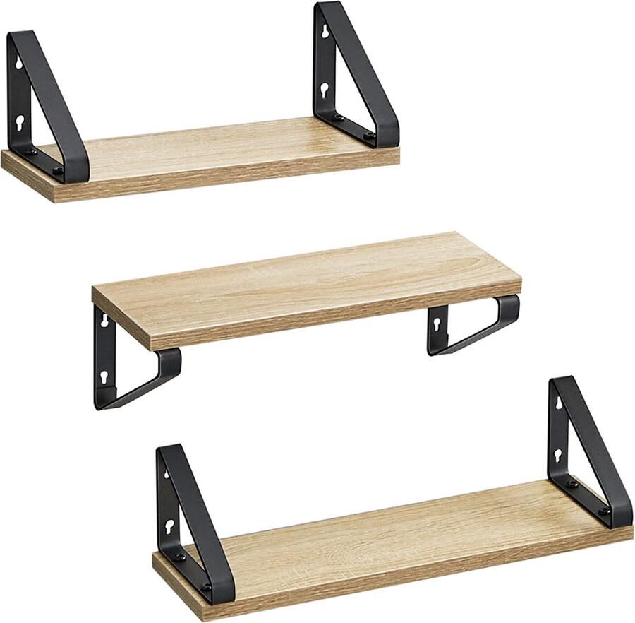 Wandplanken Set van 3 SONOMA Stalen Frame Praktisch en Stijlvol Voor Decoratie Foto s of Boeken Eiken Sonoma en Zwart Max. 10 kg