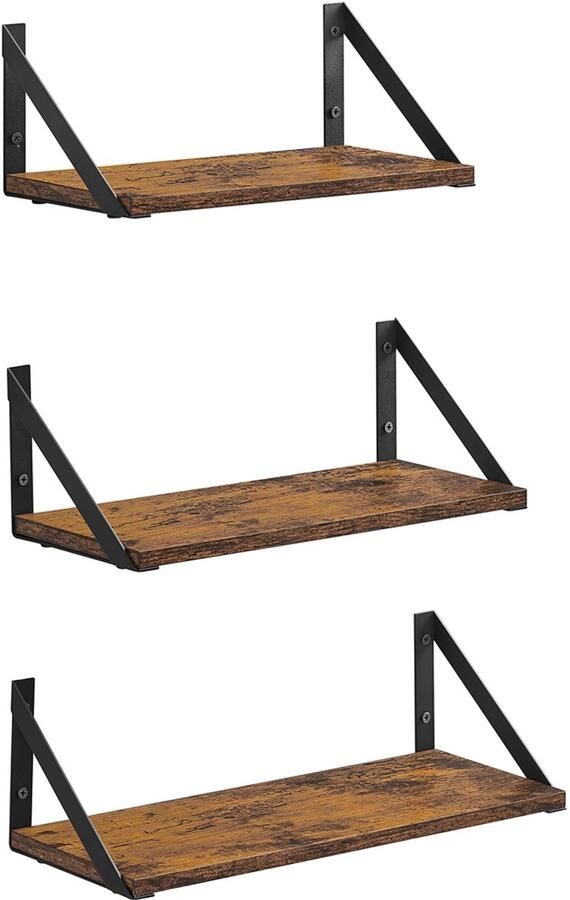 Wandplanken set van 3 stuks zwevende planken stevig en duurzaam metalen frame geschikt voor woonkamer slaapkamer keuken en badkamer 30 35 40 x 15 x 12 cm bruin en zwart
