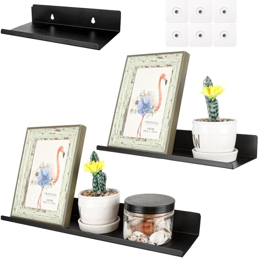 Wandplanken set van 3 zwart metaal ruimtebesparend verschillende maten